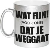 Wat fijn voor ons dat je weggaat pensioen koffiemok / theebeker - 330 ml - zilverkleurig - kantoorhumor / VUT / pensioen - bedankt cadeau mok / beker voor collega