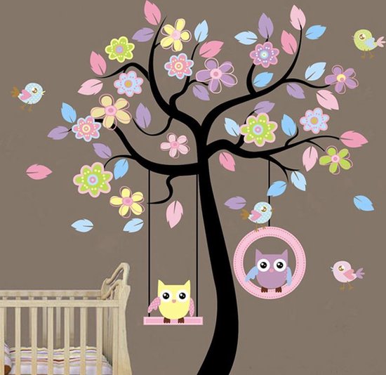 Sticker Muursticker Arbre Aux Hiboux Heureux Decoration Chambre D Enfant Bebe Bol Com