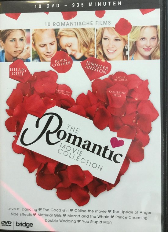 DVD-hoes van 'The Romantic Movie Collection' met 10 romantische films. Centraal een hart van rode rozenblaadjes.