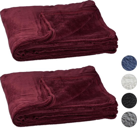 Relaxdays 2x fleece deken 200x220 cm - plaid - bank kleed - polyester - xxl  - bordeaux | bol.com