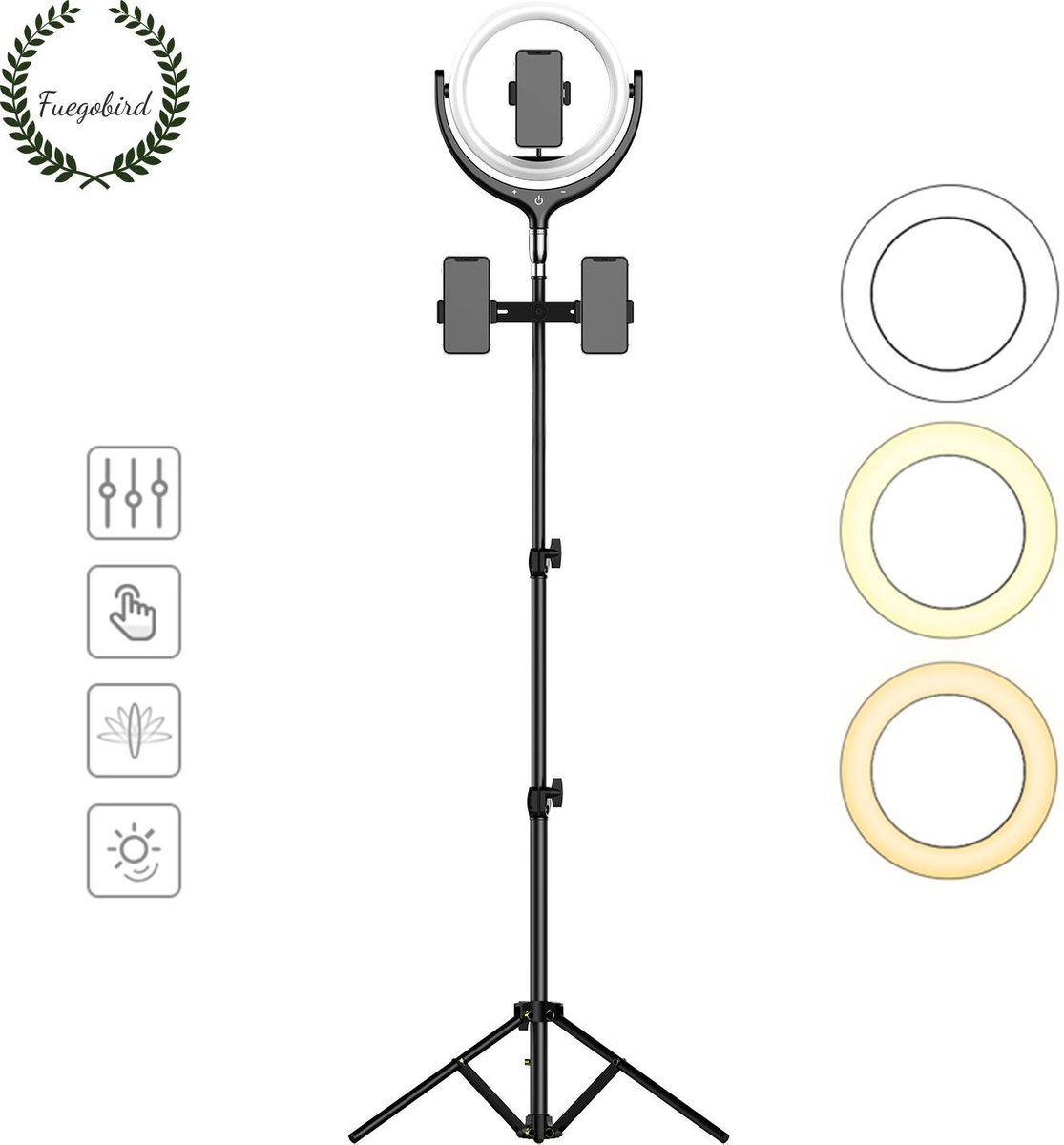 Fuegobird LED Ringlamp met statief incl telefoonhouder - 30 cm - 200 cm hoog (verstelbaar) - USB - TikTok - Ringlight - flitser - Ring lamp - Vlog - Make-up light - Studiolamp (Zwart)