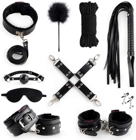 Kit BDSM avec menottes, masque, fouet, corde, pinces, collier