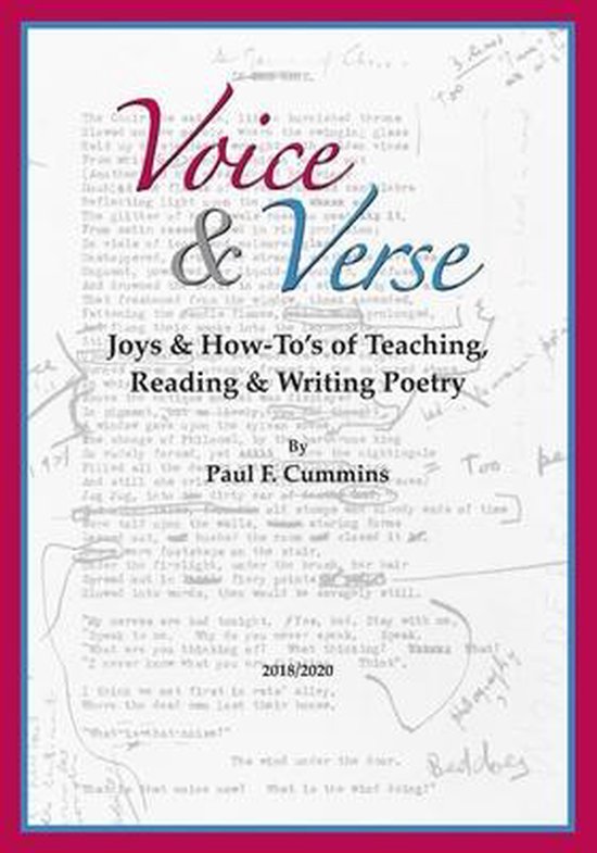Boekomslag 'Voice & Verse' met handgeschreven annotaties, een roze rand en titel van Paul F. Cummins.