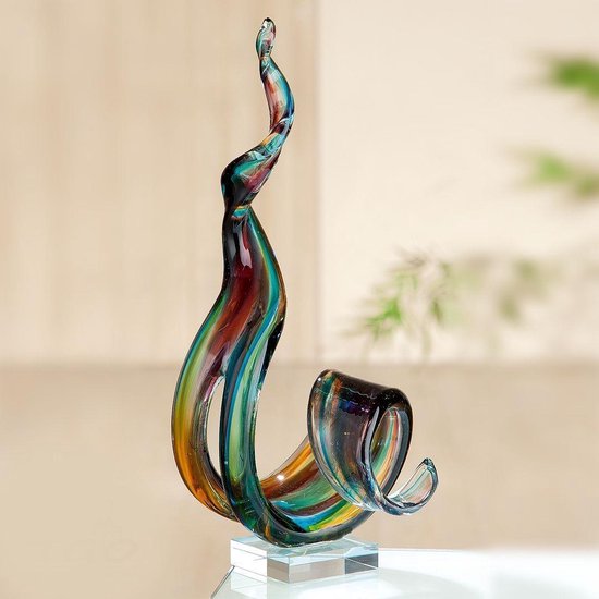 Glassculptuur- glas beeld- wave bruin blauw groen 42 cm hoog beeld van glas  decoratie | bol