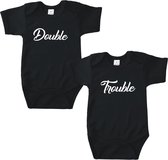 Romper tweeling - Double Trouble - Romper zwart - Maat 50/56 - Kraamcadeau tweeling - Tweeling cadeau - Baby cadeau tweeling - Tweeling geboren
