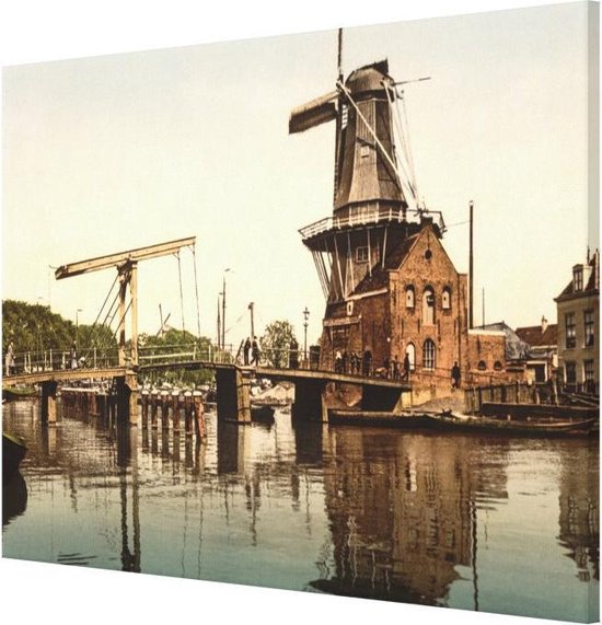 Oud Stadsgezicht Haarlem - Molen De Adriaan en Brug - Oude Foto Print op Canvas Doek