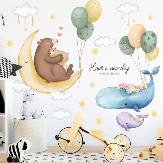 Muursticker | Walvis | Beer | Ballonen | Wanddecoratie | Muurdecoratie | Slaapkamer | Kinderkamer | Babykamer | Jongen | Meisje | Decoratie Sticker