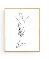 Postercity - Design Canvas Poster Lijnen Art Hand in Hand liefde - Hartje / Samenwoon Cadeau / Valentijns Cadeau / Liefde - Hartje Poster / Muurdecoratie / 40 x 30cm / A3