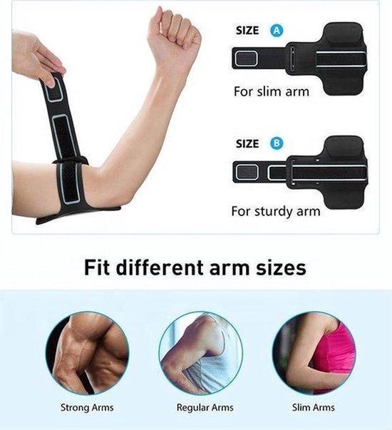 Instructies voor het aanpassen van de sportarmband aan verschillende armmaten, met foto's van armen.