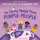 Boekomslag: "The World Needs More Purple People" van Kristen Bell & Benjamin Hart. Met vijf lachende kinderen in kleurrijke kleding.