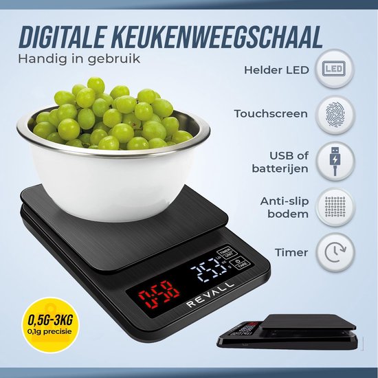 REVALL Digitale Precisie Keukenweegschaal - 0,5g tot 3kg - Inclusief batterijen - Zwart