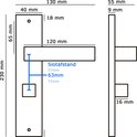 Technische tekening van een matzwarte deurklink met afmetingen: totale hoogte 230mm, deurklink lengte 120mm, slotafstand 63mm.