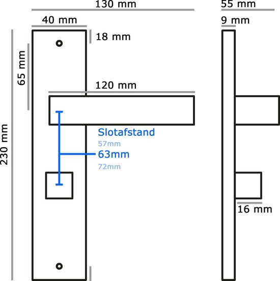 Technische tekening van een matzwarte deurklink met afmetingen: totale hoogte 230mm, deurklink lengte 120mm, slotafstand 63mm.