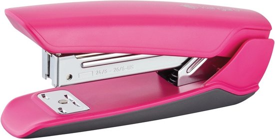 Roze Kangaro nietmachine met donkergrijze basis en zilverkleurige nietlade.