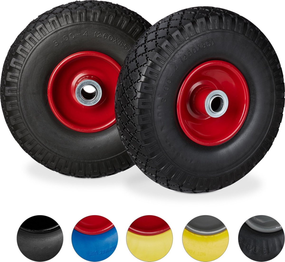 Roue de diable, lot de 4, caoutchouc, 260x85 mm, increvables, 16 mm, 4.1/3.5-4 essieu, jusqu'à