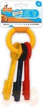 Verpakking met geel, rood en blauw sleutel speeltje, met 'Puppy Teething Chew' en 'Bacon flavour'.