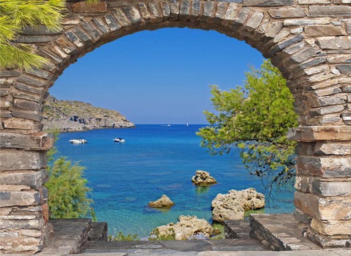 Tuindoek doorkijk - 130x95 cm - stenen doorkijk Kroatië - tuin decoratie - tuinposter - tuinposters buiten - tuinschilderij - balkon decoratie