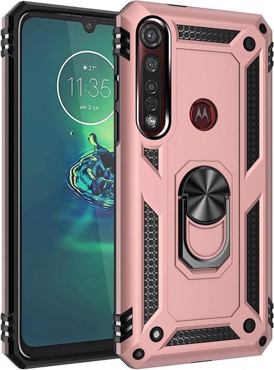 Motorola Moto G8 Plus Rugged Ring Armor schokbestendige Hoesje rose goud