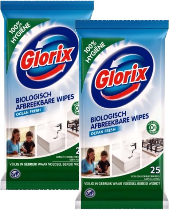 Foto: Glorix ocean fresh 100 hygi ne 2x 25 hygi ne doekjes biologisch afbreekbaar reinigingsdoekjes