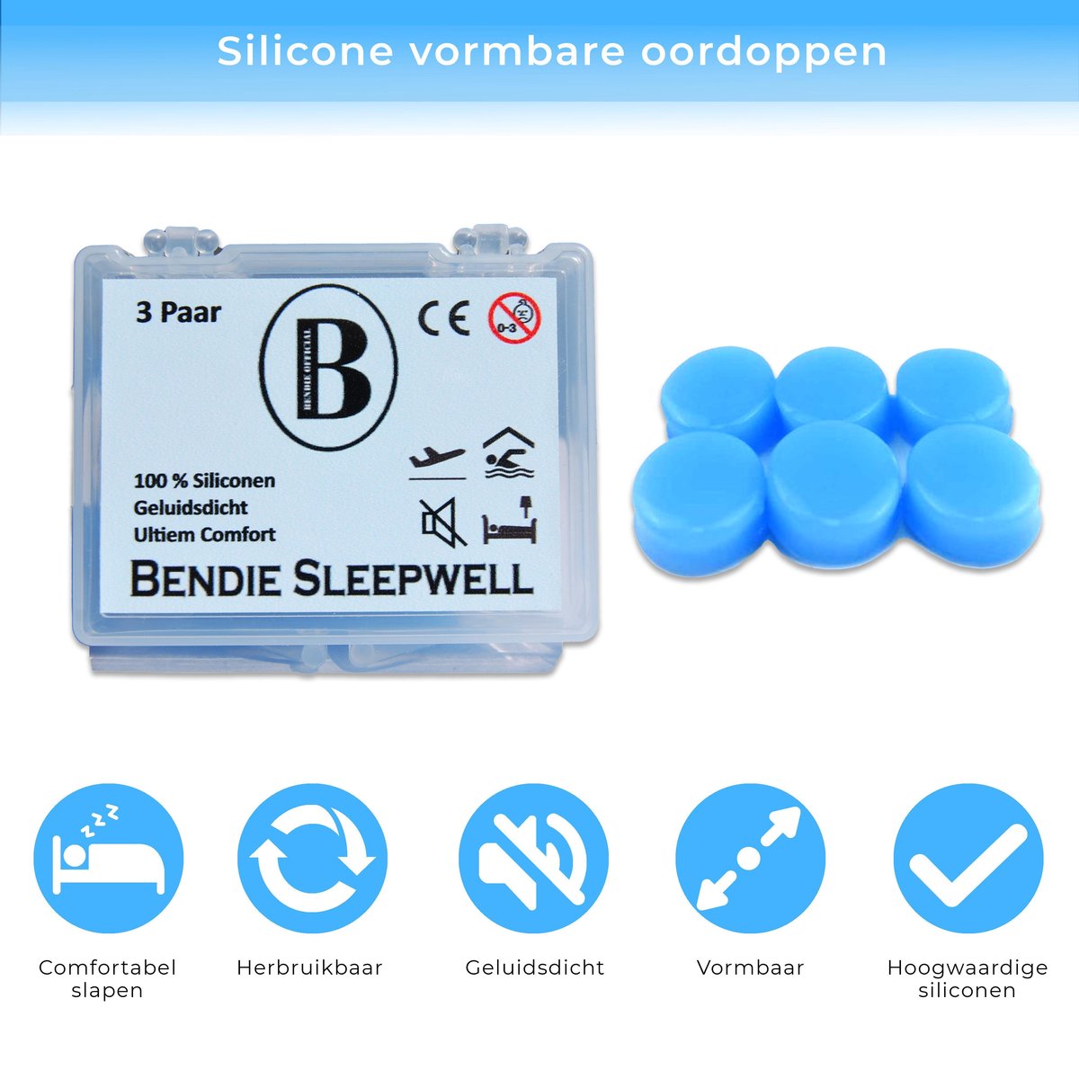 Bendie Premium Siliconen Vormbare Oordoppen - Slapen - Tegen Geluidsoverlast en Snurken - Gehoorbescherming - 6 Stuks - Bendie