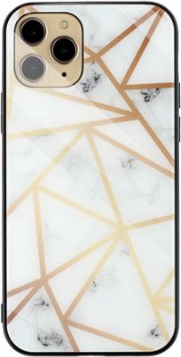 Geschikt voor Apple iPhone 11 Pro Marmer hoesje - Wit / Goud - TPU + Gehard Glas