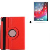 Ipad Pro 11 (2020) hoes Kunstleder Hoesje 360° Draaibare Book Case Bescherm Cover Hoes Rood + Screenprotector Tempered Glass