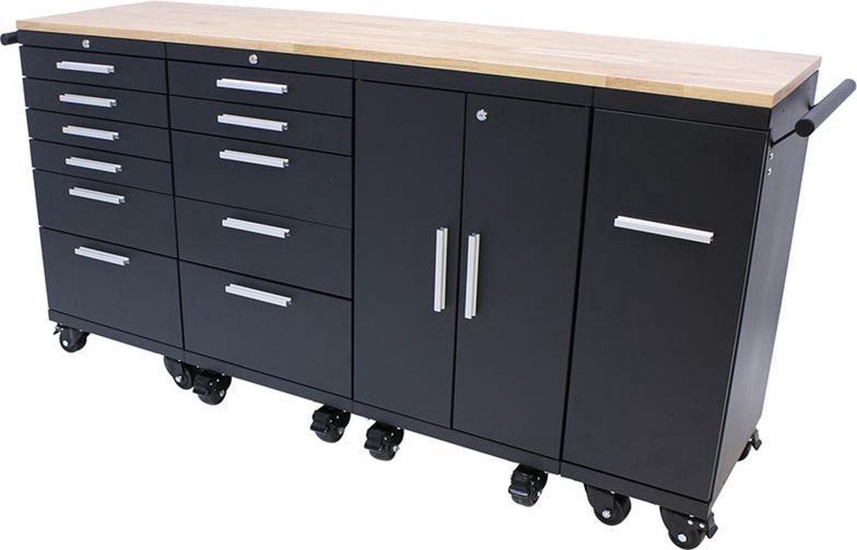 George Tools mobiele werkbank 188 cm - Werktafel op wielen met 12 laden, 1 opbergkast en houten werkblad - Complete set voor werkplaats of garage - Zwart