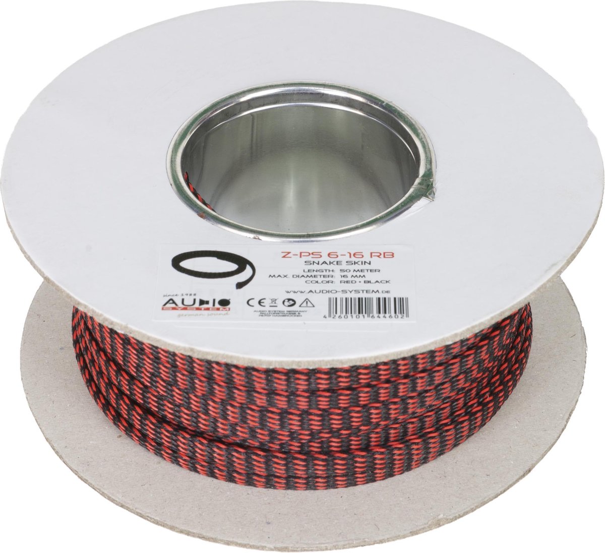 AUDIO SYSTEM Professionele gevlochten kous. Rol van 50 mtr. Diameter 6 tot 16 mm Rood/Zwart