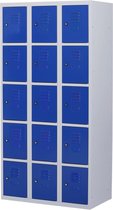 Lockerkast metaal met slot - 15 deurs 3 delig - Grijs/blauw - 180x90x50 cm - LKP-1019