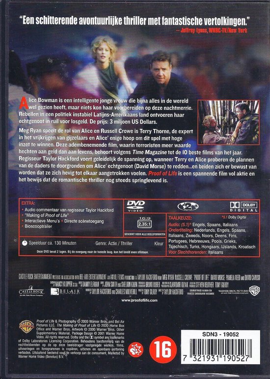 DVD cover van de film Proof of Life met Meg Ryan en Russell Crowe. De film gaat over een gijzeling.