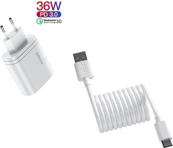 DrPhone ICON Gecertificeerde Power Lader - 36W 9V 3A + 1 Meter DM Kabel - 2.4A Type-C / USB-C Oplaadkabel