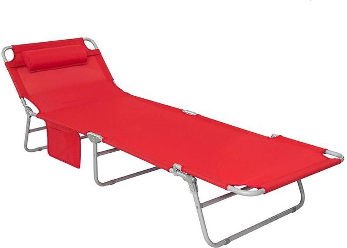 Simpletrade Ligbed - Ligstoel - Kussen - Zijvak - Verstelbaar - Rood - 195x29x62 cm