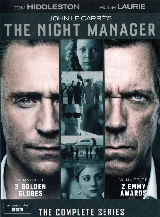 DVD-hoes met de gezichten van Tom Hiddleston en Hugh Laurie, met in het midden een collage van scènes. Winnaar van 3 Golden Globes en 2 Emmy Awards. The Night Manager. The Complete Series.