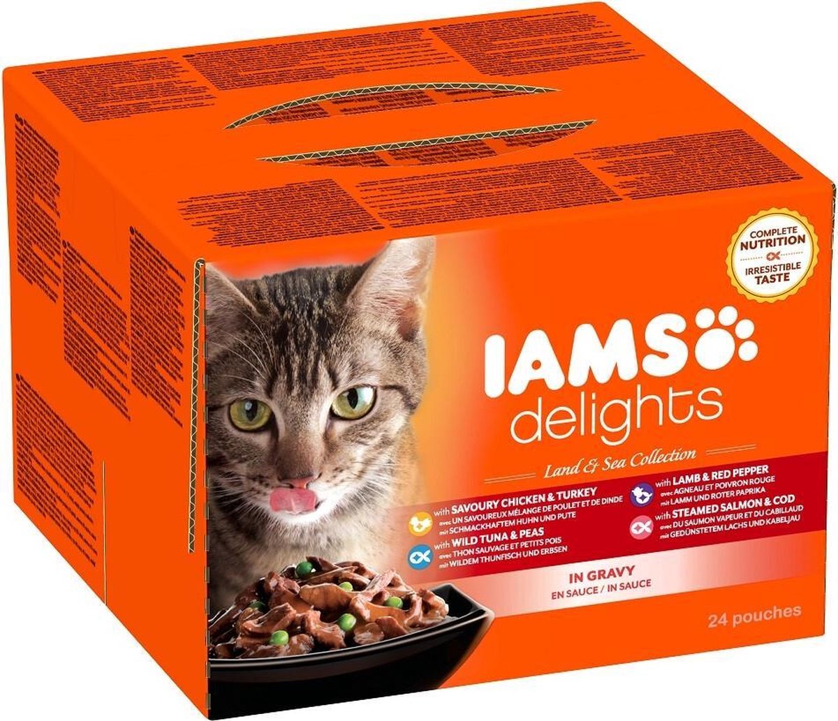 Iams Delights Land en Zee collectie in Saus - Kat - Natvoer - 24 x 85 gr