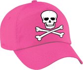 Foute party piraat verkleed pet met doodskop roze voor dames en heren - doodskop baseball cap - carnaval verkleedaccessoire voor kostuum