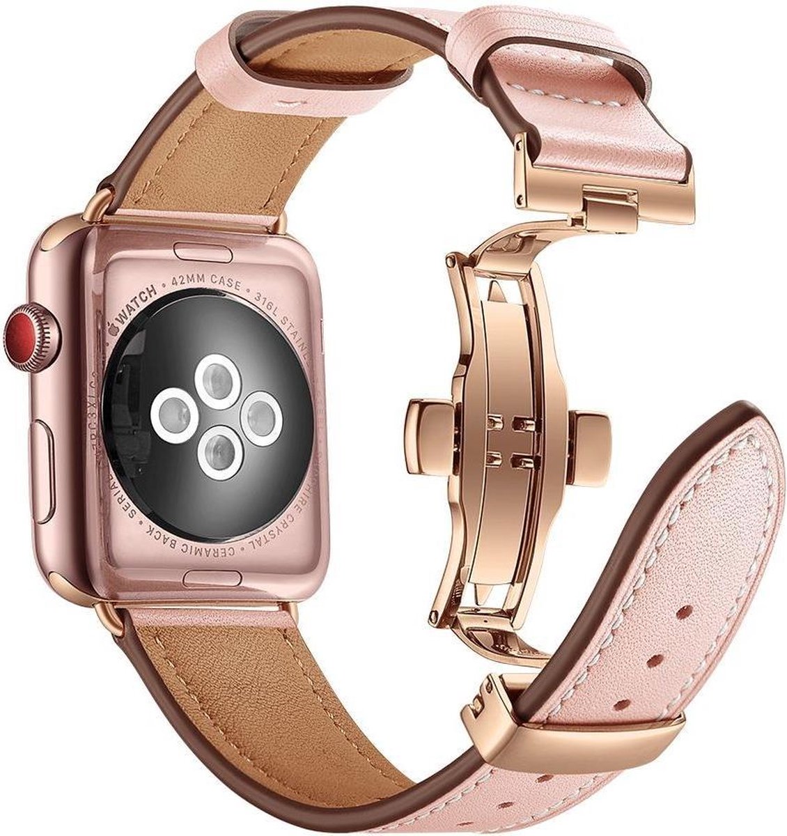 "Geschikt" voor Apple Watch 41MM / 40MM / 38MM Bandje Echt Leer met RVS Vlindersluiting Roze
