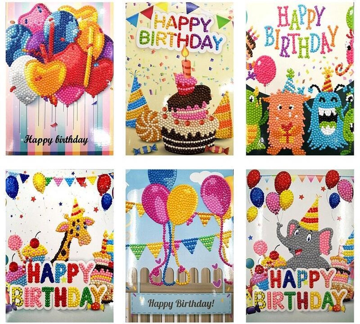Diamond Painting -Wenskaarten - kids - Verjaardagskaarten - set van 6 stuks - Hobbypakket