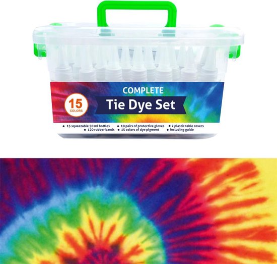 QBIX Tie Dye Kit - Set van 15 kleuren - Complete textielverf tie dye kit met elastiek en knijpflesjes