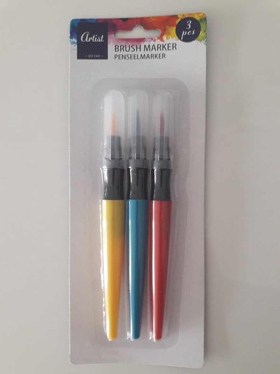3 brush markers - penseelmarkers - 3 stuks - geel/blauw/rood