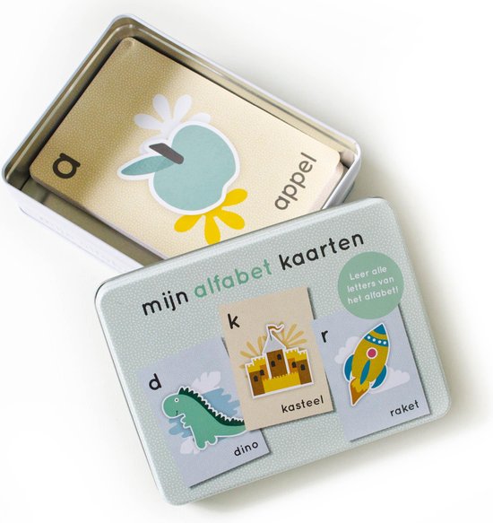 Maan Amsterdam Mijn alfabetkaarten - bewaarblik met 26 letterkaarten - speel- en leerkaarten - set Pien