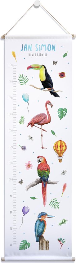  - Groeimeter vogels met naam - Toekan flamingo papegaai ijsvogel - Gepersonaliseerde meetlat van stof - kraamcadeau - Dieren in aquarel geschilderd door Mies - 40 x 140 cm