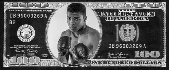 Dibond Muhammad Ali Dollarbiljet 120 x 50 cm Aluminium Geborsteld incl. luxe ophangframe