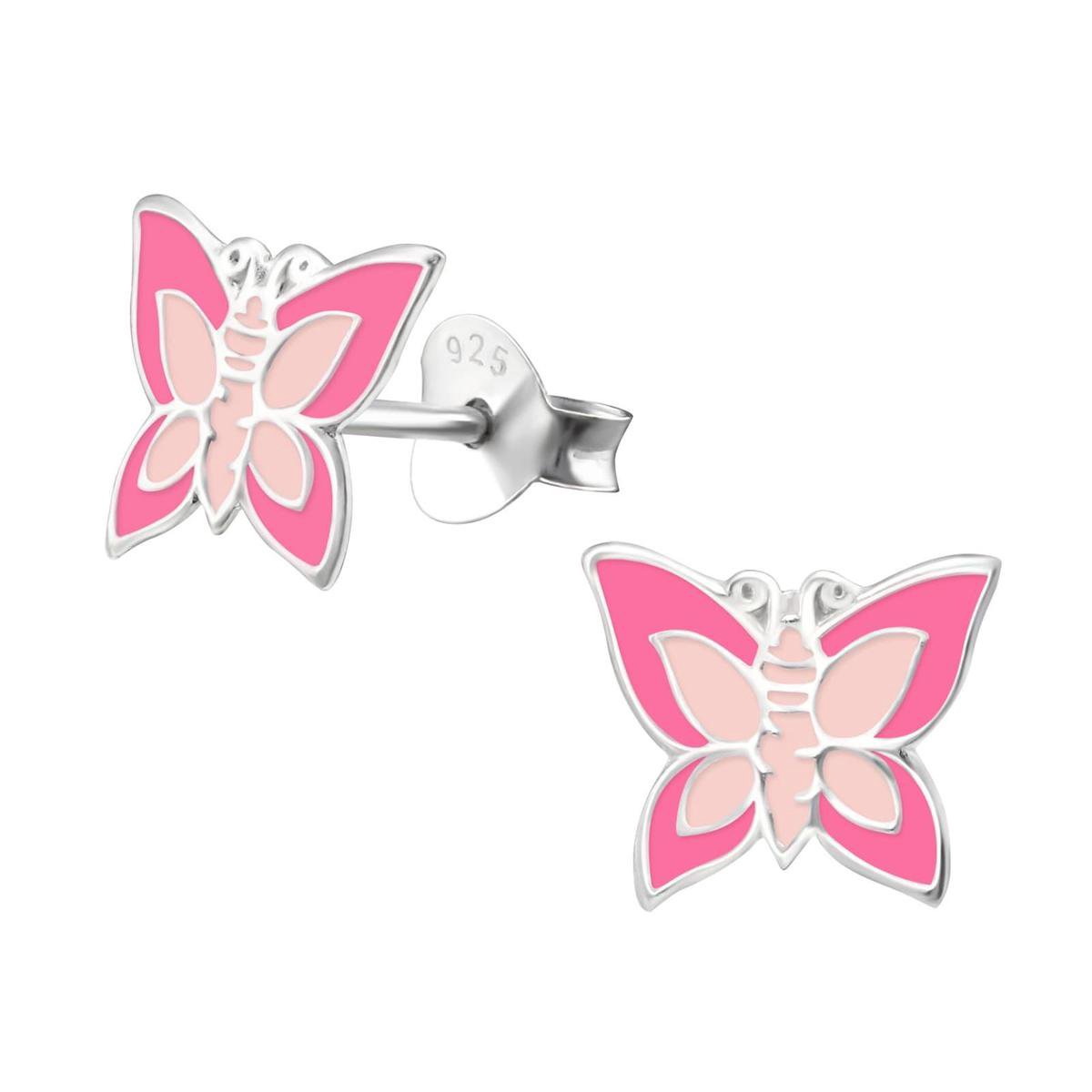 Oorbellen meisje | Kinderoorbellen meisje zilver | Zilveren oorstekers, vlinder in twee kleuren roze | WeLoveSilver