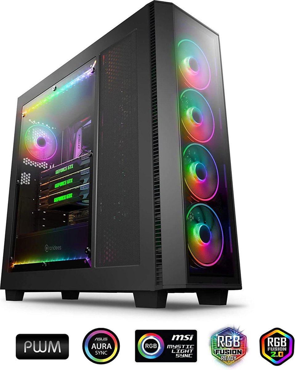 Anidees AI Crystal XL Pro - Full Tower PC behuizing - RGB - Gehard glas - Zwart