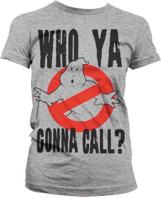 Grijs Ghostbusters dames t-shirt met het Ghostbusters-logo en de tekst 'WHO YA GONNA CALL?'.