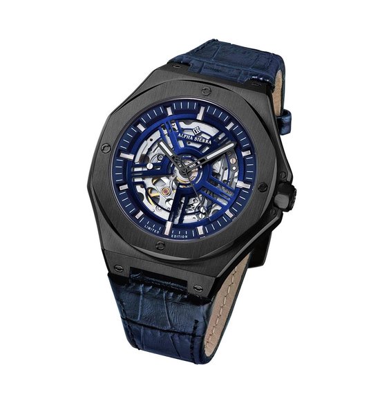 Alpha Sierra Falcon LVD198B Zwart Blauw Leren band Herenhorloge O 45 mm bol