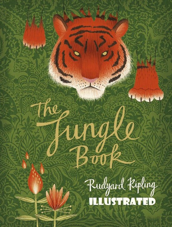 La couverture de The Jungle Book illustrée présente un visage de tigre au-dessus du titre, sur un fond à motifs détaillé.