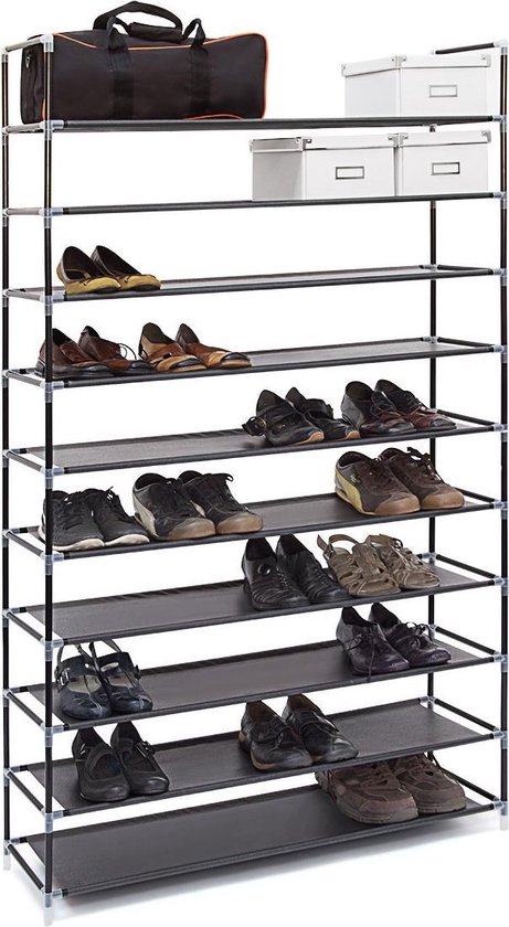 Relaxdays schoenenrek XXL, 50 paar schoenen, 10 etages, schoenenkast, textiel - zwart