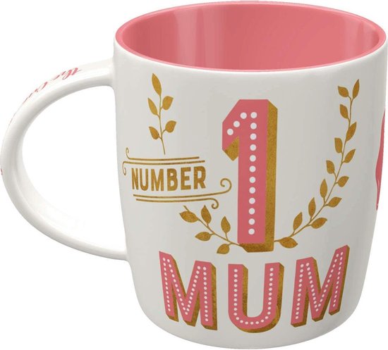 Tasse blanche avec inscription rose 'Number 1 MUM' dorée et rose, intérieur rose.