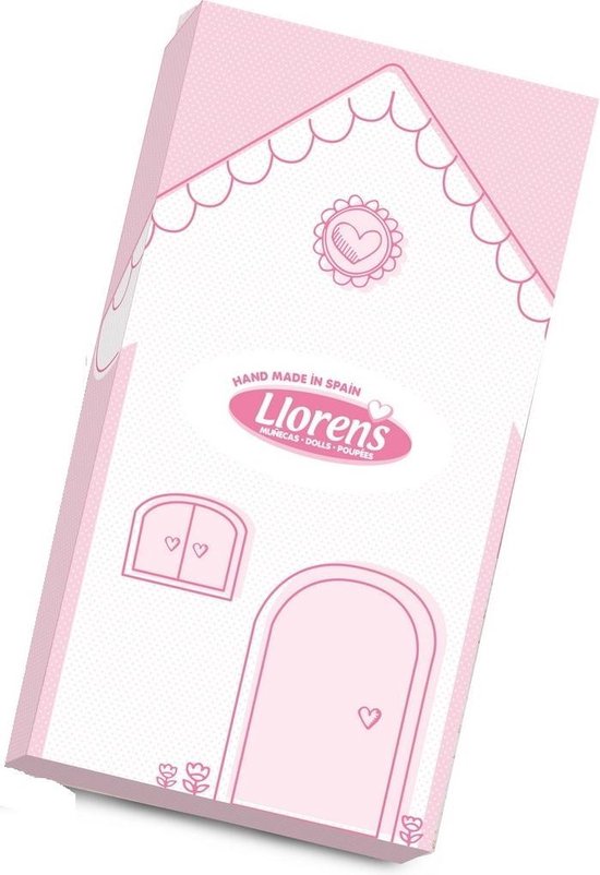 Roze speelgoeddoos voor babypop in de vorm van een huisje met strikjes en hartjes.